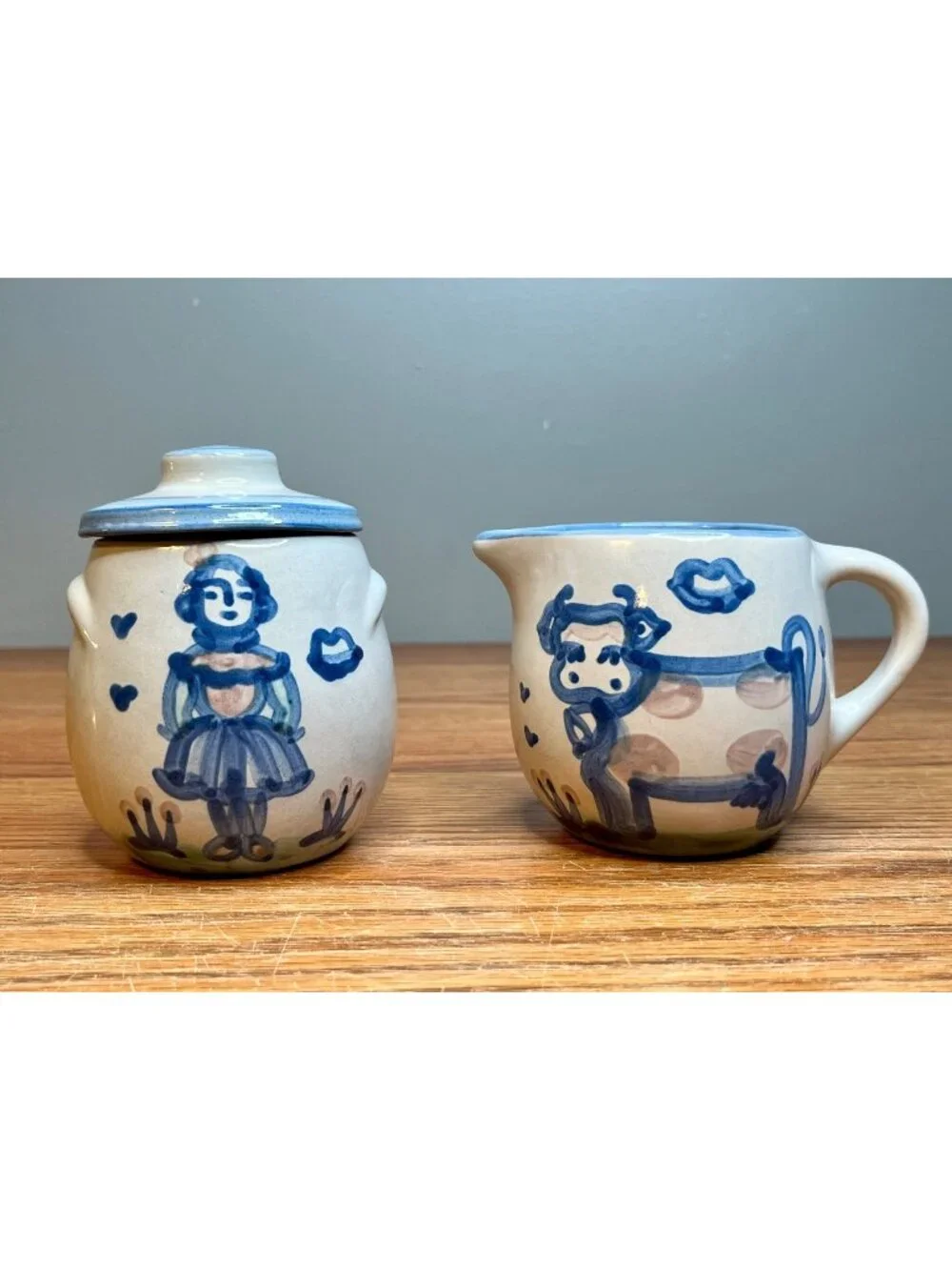 Vintage M.A. Hadley Stoneware Sugar Bowl & Creamer, Hand-Painted Farm Animal The
